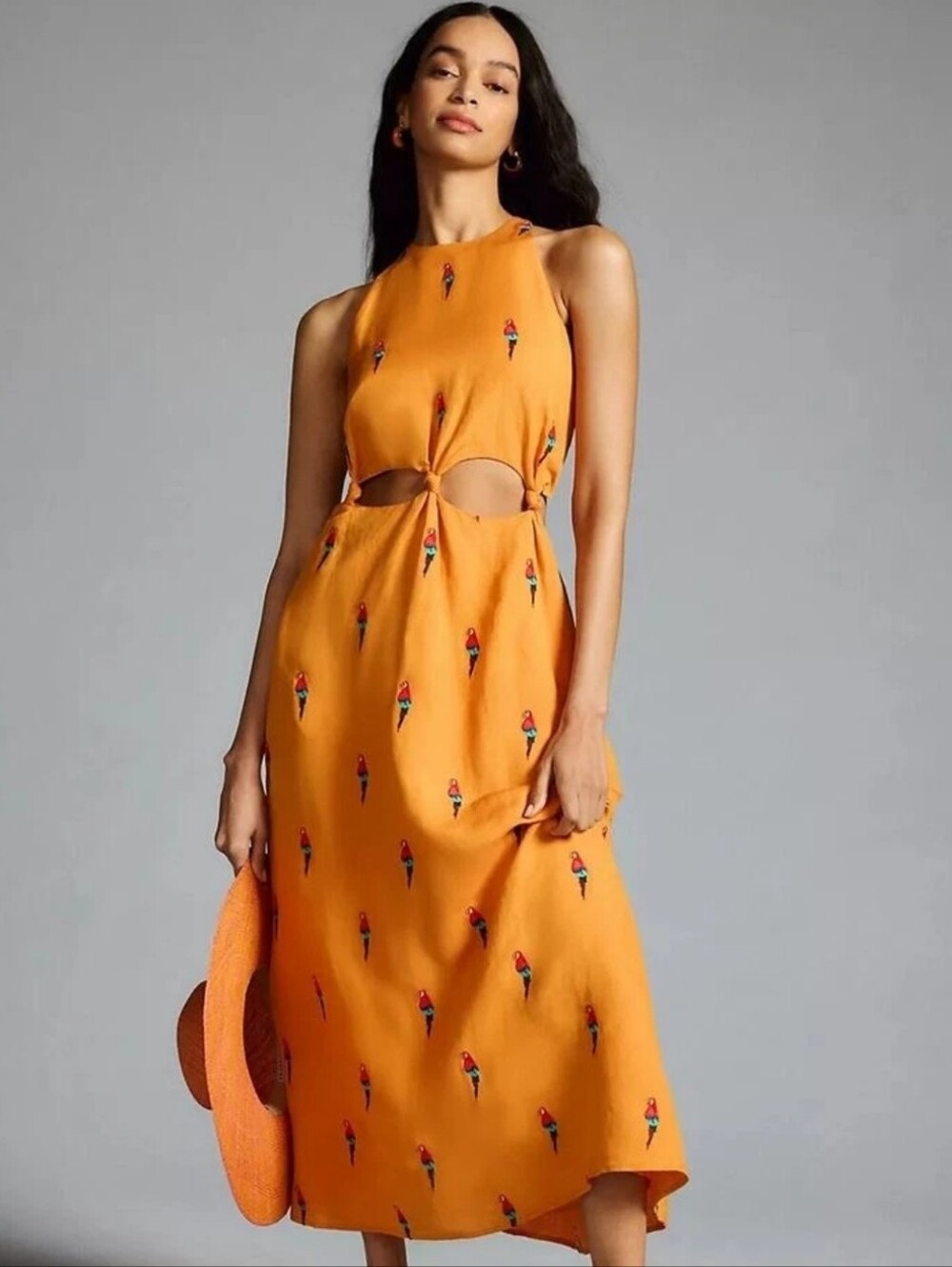 Farm Rio × Anthropologie Parrot Halter Maxi Dress Linen Blend Embroidery